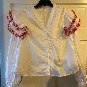 White button up blouse with red gingham trim, nwot large